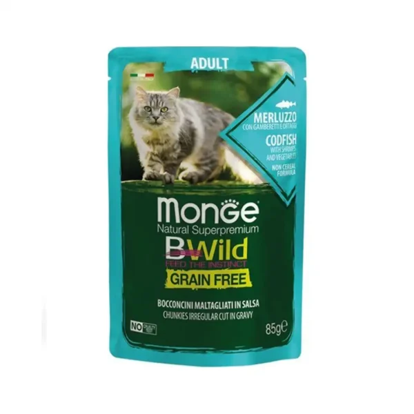 BWild پوچ گربه بالغ بدون غلات ماهی کاد میگو سبزیجات